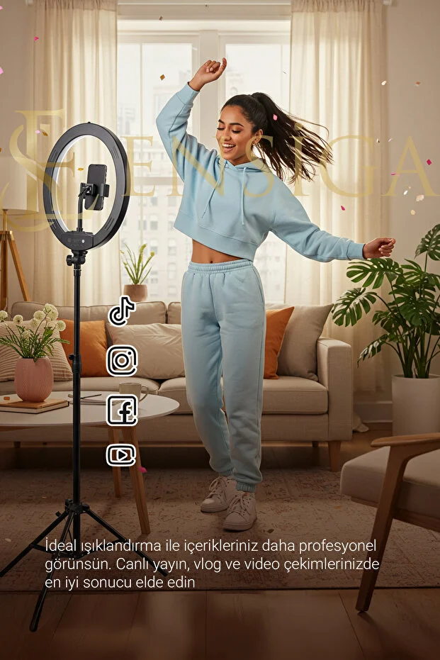Kumandalı Youtuber Tiktok Çekim Işıklı Telefon Tutucu Makyaj Işığı Ring Light 10 Inç + 2.1 M Tripod